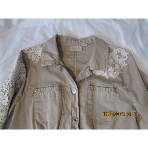 Chico's size 1 (8) tan shacket cotton lace detail safari look lagan look collar - Picture 2 of 11